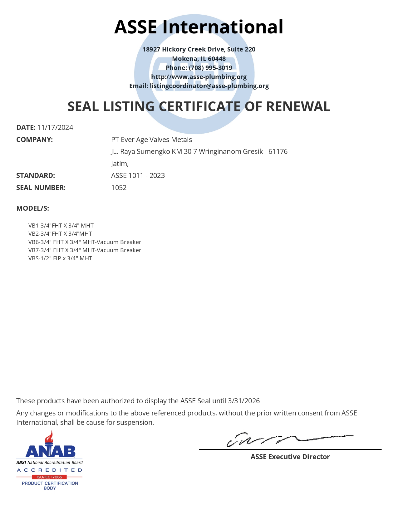 ASSE SEAL 1052 CERT 3.31.26